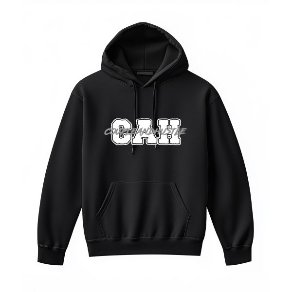 Mikina s kapucou čierna s logom CAH basic a nápisom cez stred